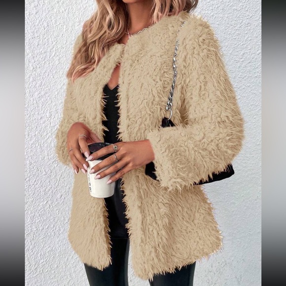 Luxe khaki cozy open front teddy coat jacket - Picture 5 of 6